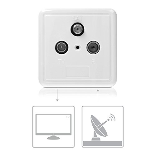 kwmobile Cajetín con 3 Tomas para Antena Sat TV Radio - Caja Universal con Enchufe para Antena satélite - Toma con Entrada/Salida DC en Blanco