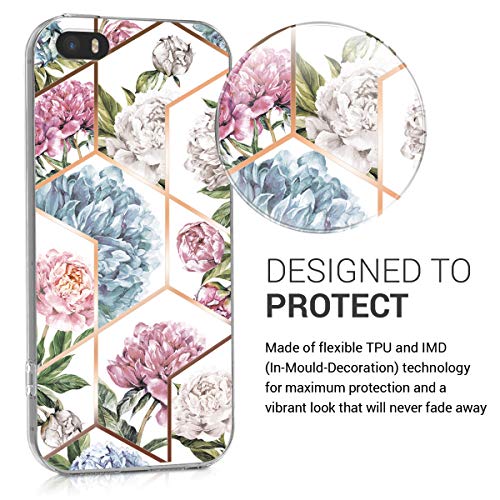 kwmobile Funda Compatible con Apple iPhone SE (1.Gen 2016) / 5 / 5S - Carcasa de TPU y Flores y Formas geométricas en Oro Rosa/Rosa Claro/Azul Claro