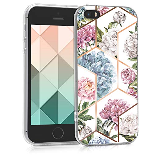 kwmobile Funda Compatible con Apple iPhone SE (1.Gen 2016) / 5 / 5S - Carcasa de TPU y Flores y Formas geométricas en Oro Rosa/Rosa Claro/Azul Claro