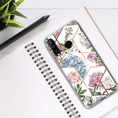 kwmobile Funda Compatible con Huawei P30 Lite - Carcasa de TPU y Flores y Formas geométricas en Oro Rosa/Rosa Claro/Azul Claro