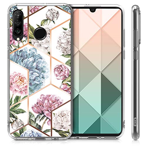 kwmobile Funda Compatible con Huawei P30 Lite - Carcasa de TPU y Flores y Formas geométricas en Oro Rosa/Rosa Claro/Azul Claro