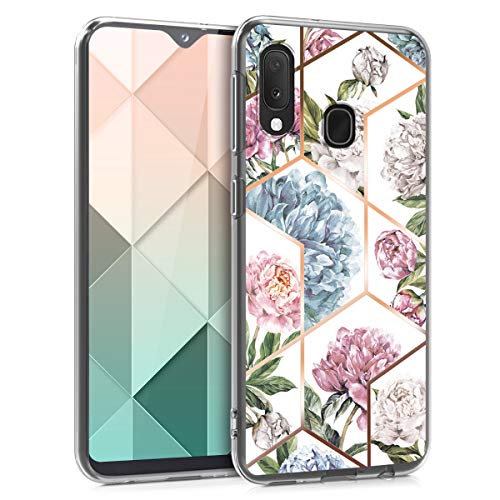 kwmobile Funda Compatible con Samsung Galaxy A20e - Carcasa de TPU y Flores y Formas geométricas en Oro Rosa/Rosa Claro/Azul Claro