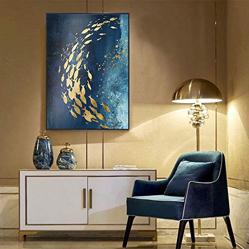 KWzEQ Arte de la Pared de Estilo nórdico Abstracto Moderno Pintura en Lienzo pez Dorado Cartel del mar Azul decoración del hogar,60X90cm,Pintura sin Marco