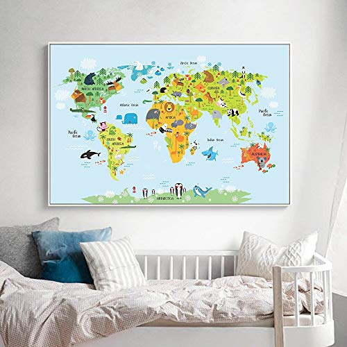 KWzEQ Imprimir en Lienzo Mapa del Mundo Animal de Dibujos Animados para Obras de Arte en la decoración de la Sala de póster60x90cmPintura sin Marco