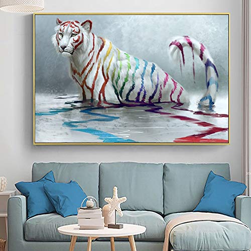 KWzEQ Imprimir en Lienzo Tigre Blanco con Rayas de Colores para decoración de Paredes póster Sala de Estar pósters y decoración60x90cmPintura sin Marco