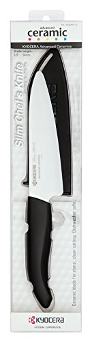 Kyocera FK-140WH-S, Cuchillo Santoku "slim", 14 cm con protector de hoja, hoja de cerámica de circonio afilada, afilada a mano, ligera, no corrosiva, sin transferencia de sabor, apta para lavavajillas