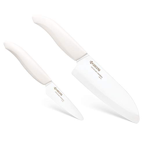 KYOCERA Set FK-2PC-WH-WH, Juego pelar, Cuchillo Santoku, Hoja de cerámica circonio, Afilado a Mano, Ligero, no corrosivo, Apto para lavavajillas, Mango Blanco, 7.5 cm + 14 cm