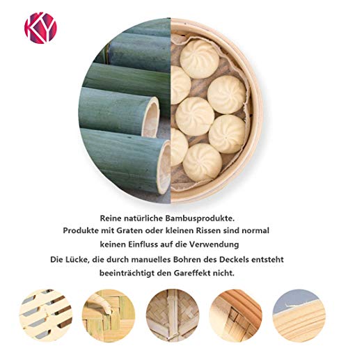 KYONANO Vaporera de bambú, Cesta de bambú - 24cm, para arroz, Dim Sum, Verduras, Pescado y Carne, Recipiente Tradicional para la cocción al Vapor, 2 Pisos y 1 Tapa