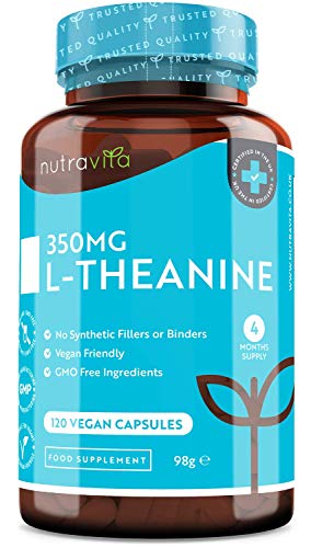 L-Teanina 350 mg - 120 cápsulas veganas - Cápsulas de L Teanina de alta potencia - Suministro para 4 meses - Producto elaborado en el Reino Unido por Nutravita