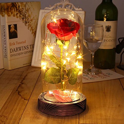 "La Bella y la Bestia" Rose Kit Rosa de Seda roja y luz LED con pétalos caídos en cúpula de Cristal Sobre una Base de Madera, Mejor Regalo para el día de San Valentín, Boda, Aniversario, cumpleaños