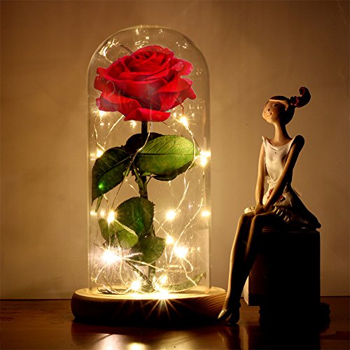 "La Bella y la Bestia" Rose Kit Rosa de Seda roja y luz LED con pétalos caídos en cúpula de Cristal Sobre una Base de Madera, Mejor Regalo para el día de San Valentín, Boda, Aniversario, cumpleaños