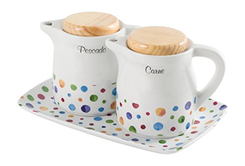 La Cija Dots Graseras de Porcelana con Bandeja, Blanco, 16.5x8x13.5 cm