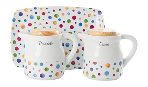 La Cija Dots Graseras de Porcelana con Bandeja, Blanco, 16.5x8x13.5 cm