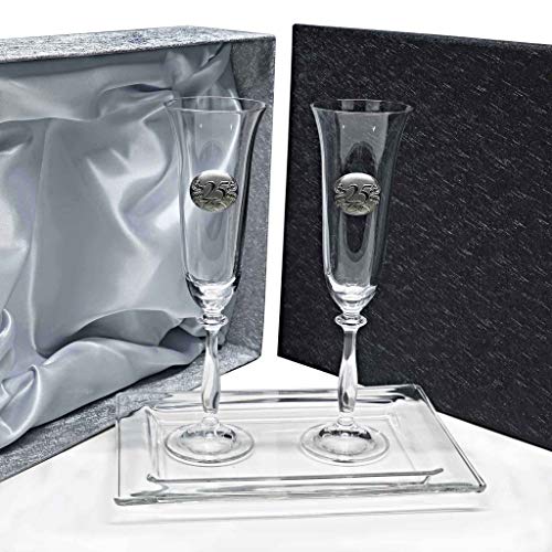 la galaica - Pack de 2 Copas de Cristal para Champán Cava y Espumoso + Bandeja de Cristal Centrada | Regalo para 50 Aniversario - Bodas de Oro y Plata | Angela