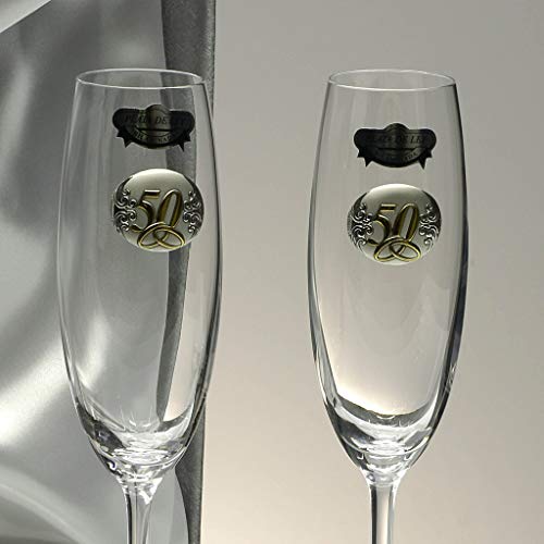 La Galaica - Pack de 2 Copas de Cristal para Champán Cava y Espumoso + Bandeja de Cristal Centrada | Regalo para novios 50 Aniversario - Bodas de Oro | Incluye Aplique Bilaminado y Estuche de protección - Gastro 50