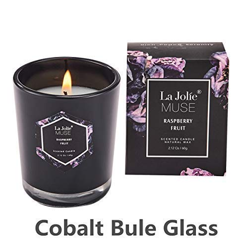 La Jolíe Muse Pack de Regalo 4 Velas perfumadas, Cera de Soja Natural, Coco, Baya/Rosa/Frambuesa/albahaca, en Cristal Azul Cobalto, 20 Horas Cada una