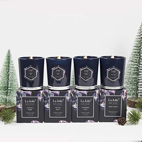 La Jolíe Muse Pack de Regalo 4 Velas perfumadas, Cera de Soja Natural, Coco, Baya/Rosa/Frambuesa/albahaca, en Cristal Azul Cobalto, 20 Horas Cada una