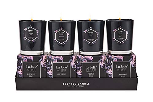 La Jolíe Muse Pack de Regalo 4 Velas perfumadas, Cera de Soja Natural, Coco, Baya/Rosa/Frambuesa/albahaca, en Cristal Azul Cobalto, 20 Horas Cada una