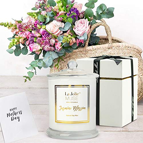 La Jolíe Muse Vela perfumada Jazmín 100% Cera de Soja Aromaterapia Vela en el Cristal Caja de Regalo 50-65h