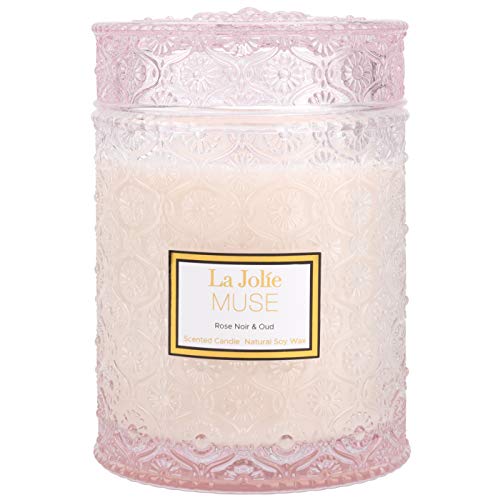 La Jolíe Muse Vela perfumada Rose Noir & Oud, Vela de Soja 100% Natural para Uso doméstico, se Quema Durante 90 Horas, almizcle de Geranio-Violeta, Tarro de Cristal Grande, 19.4Oz