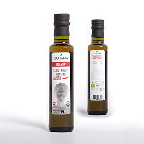 “La Trajana" Aceite de oliva virgen extra ecológico aromatizado Guindilla picante 250 ml Botella cristal transparente