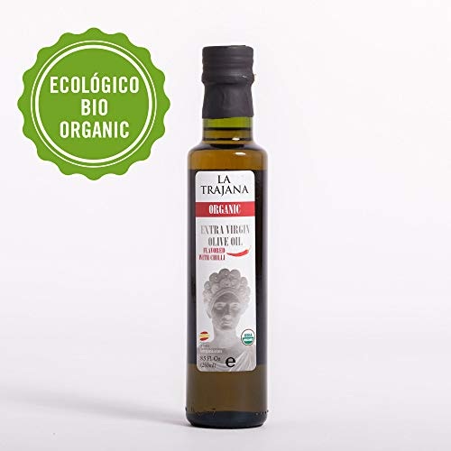 “La Trajana" Aceite de oliva virgen extra ecológico aromatizado Guindilla picante 250 ml Botella cristal transparente