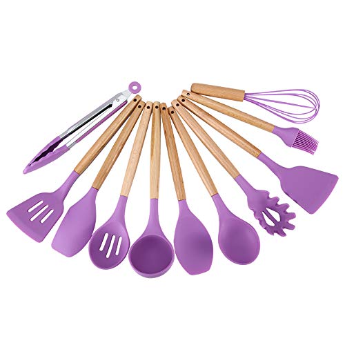 Ladieshow - Juego de 11 utensilios de cocina de silicona morada con mango de madera, cocina del hogar, espátula de cocina antiadherente, cucharas, juego de herramientas de cocina con soporte de almace