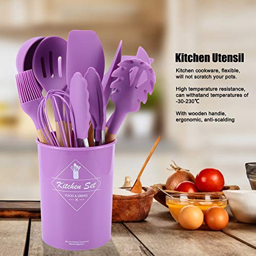 Ladieshow - Juego de 11 utensilios de cocina de silicona morada con mango de madera, cocina del hogar, espátula de cocina antiadherente, cucharas, juego de herramientas de cocina con soporte de almace