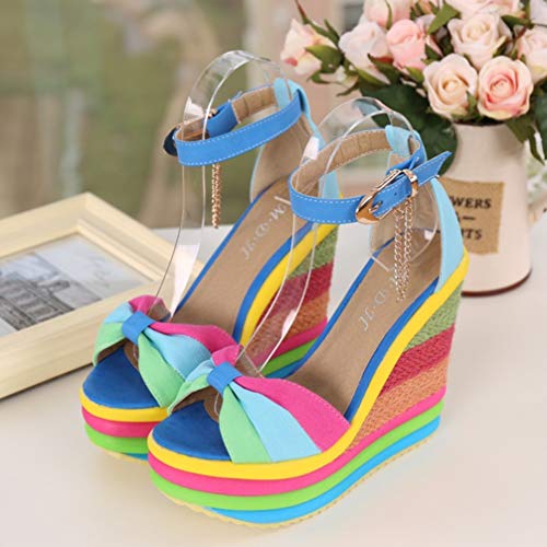 Lady Gladiator Sandals Rainbow Mixed Candy Color Antideslizante Tacón Alto de cuña Hebilla Tacón de Tela Sandalias de Verano con Correa en el Tobillo