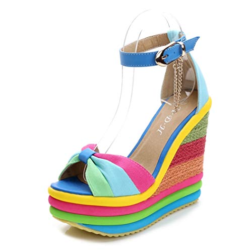 Lady Gladiator Sandals Rainbow Mixed Candy Color Antideslizante Tacón Alto de cuña Hebilla Tacón de Tela Sandalias de Verano con Correa en el Tobillo