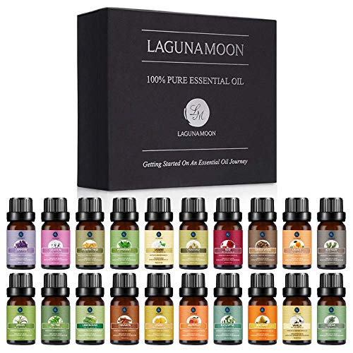 Lagunamoon 20 Aceites Esenciales, Set de Regalo de Aceites de Aromaterapia, Lavanda, Eucalipto, Limón, Romero, Menta, Arból de Té, Vainilla, Aceites Esenciales para Humidificador, 100% Puros