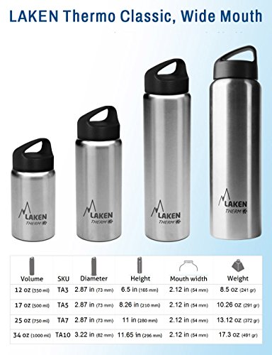 Laken Classic Botella Térmica Acero Inoxidable 18/8 y Doble Pared de Vacío, Unisex adulto, Plateado, 1000 ml