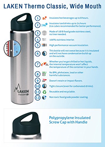 Laken Classic Botella Térmica Acero Inoxidable 18/8 y Doble Pared de Vacío, Unisex adulto, Plateado, 1000 ml