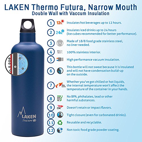 Laken Futura Botella Térmica Acero Inoxidable 18/8 y Doble Pared de Vacío, Unisex adulto, Azul, 750 ml