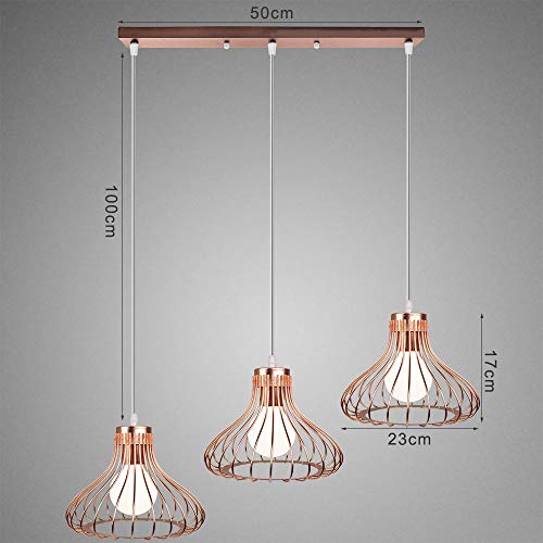 Lámpara Colgante Combinación 3 Luces forma de Calabacín Plano de Jaula de Hierro Luz Colgante Ø23cm Diseño Creativo Industial Vintage Grupo de 3 Vías Iluminación para Cocina Sala café（Oro rosa）