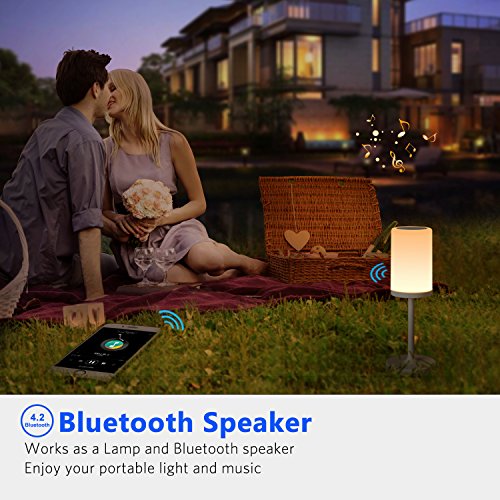 Lámpara de mesa de marca Marrado, lámpara de cabecera de sensor táctil + altavoz Bluetooth para lectura de jardín y la sala de estar del dormitorio. Luz de noche recargable portátil