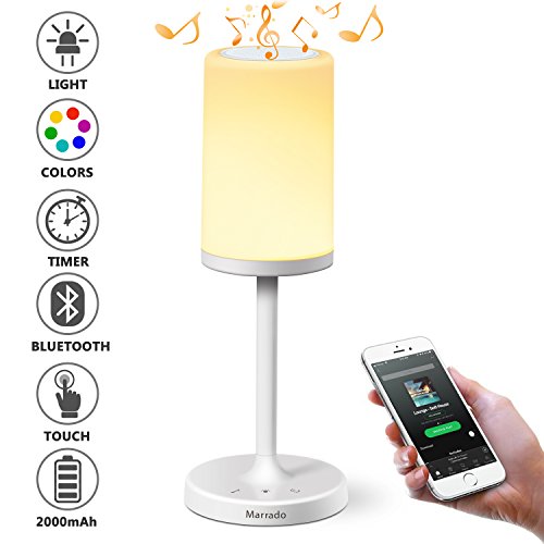 Lámpara de mesa de marca Marrado, lámpara de cabecera de sensor táctil + altavoz Bluetooth para lectura de jardín y la sala de estar del dormitorio. Luz de noche recargable portátil