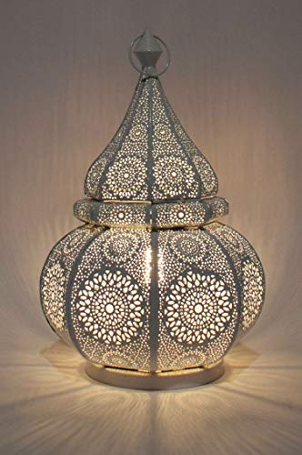 Lámpara de mesa marroquí Malhan 38cm E27 Socket | orientales de cabecera para dormitorio o salón | Pantalla de linterna de metal como iluminación de decoración del hogar de la fiesta (Blanco)