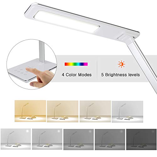 Lámpara Escritorio LED Táctil - Qi Rápida Cargador Inalámbrico para todos los Teléfonos Qi y Puerto USB, Lámparas de Mesa Regulable Plegable, 5 Niveles De Brillo, 4 Colors (Blanco)