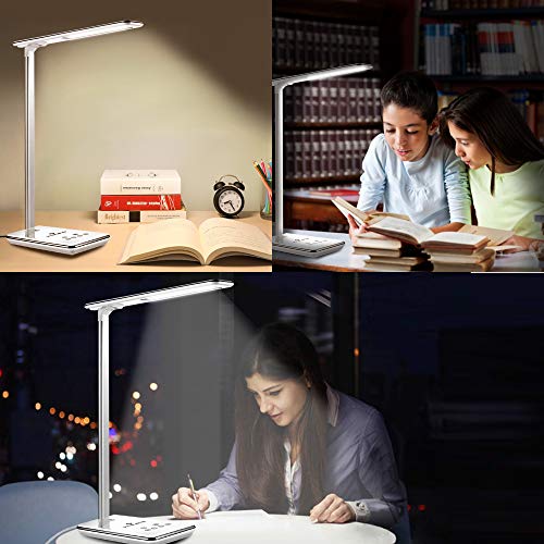 Lámpara Escritorio LED Táctil - Qi Rápida Cargador Inalámbrico para todos los Teléfonos Qi y Puerto USB, Lámparas de Mesa Regulable Plegable, 5 Niveles De Brillo, 4 Colors (Blanco)