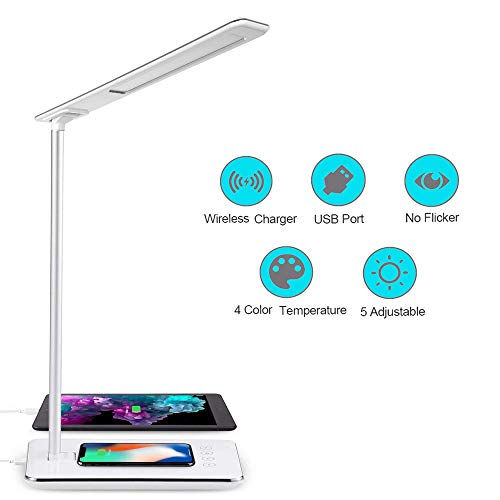 Lámpara Escritorio LED Táctil - Qi Rápida Cargador Inalámbrico para todos los Teléfonos Qi y Puerto USB, Lámparas de Mesa Regulable Plegable, 5 Niveles De Brillo, 4 Colors (Blanco)