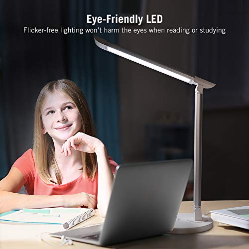 Lámpara Escritorio LED TaoTronics Flexo Escritorio 12W Regulable (Cuidado a Ojos, 7 Niveles de Brillo x 5 Modos, Puerto USB 5V/ 1A Función Memoria Control Táctil Ángulo Ajustable Bajo Consumo Energía)