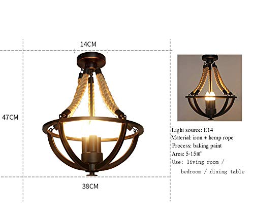 Lámparas de techo Araña industrial retro, Cesta de hierro de cuerda de cáñamo rústica Luz colgante de montaje semi empotrado, Lámpara de 3 luces de vela para Island Bar Pasillo Comedor 3 * E14 Techo