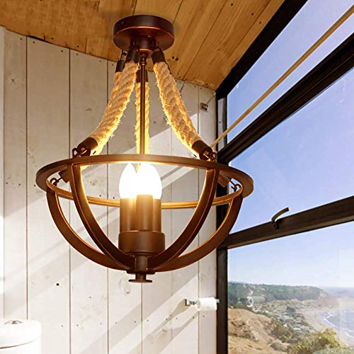 Lámparas de techo Araña industrial retro, Cesta de hierro de cuerda de cáñamo rústica Luz colgante de montaje semi empotrado, Lámpara de 3 luces de vela para Island Bar Pasillo Comedor 3 * E14 Techo