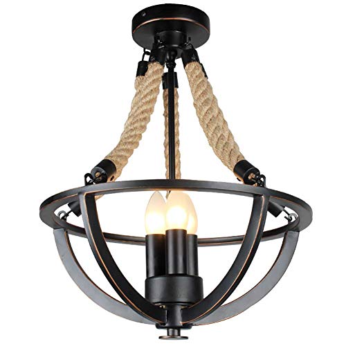 Lámparas de techo Araña industrial retro, Cesta de hierro de cuerda de cáñamo rústica Luz colgante de montaje semi empotrado, Lámpara de 3 luces de vela para Island Bar Pasillo Comedor 3 * E14 Techo