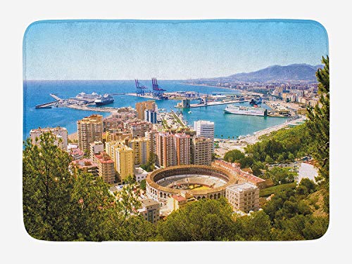 Landscape Bath Mat, Aerial View of Malaga with Bullring and Harbor Spain Traditional European City, Plush Bathroom Decor Mat with Non Slip Backing, 23.6 W X 15.7 W Inches, Multicolor