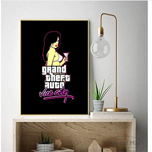 LangGe Imprimir en Lienzo 60x90cm sin Marco GTA Vice City Black Gaming Carteles e Impresiones Cuadros de Pared para Sala de Estar Decoración Moderna para el hogar Plakat