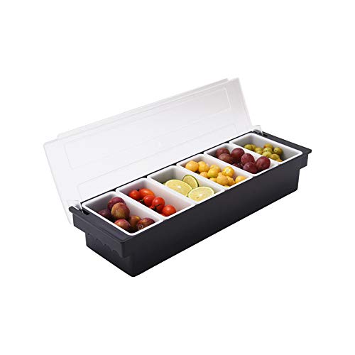 LARRY SHELL Condimento dispensador plástico Caja Bandeja Recipiente congelado Ensalada Vegetal Fruta Plato refrigerado Caddy con Tapa para Bar Familia Trabajo Catering y Fiesta 6 Compartimentos