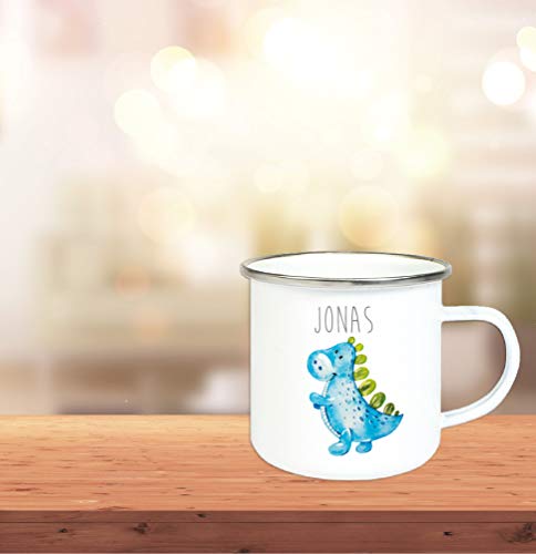 Lasse und Lucie Taza esmaltada para niños con Nombre Personalizado Estampado/Taza en diseño Vintage con diseño de Dinosaurio y Nombre/Taza 8 cm Altura 300 ml cantidad de Relleno