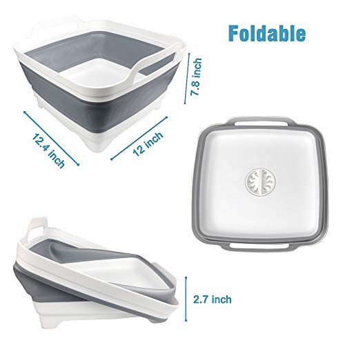 Lavabo plegable con tapón de drenaje asas de transporte para 9 L de gran capacidad, lavabo, cubeta plegable para fregadero, verduras, frutas, colador de alimentos, tina de lavado – gris